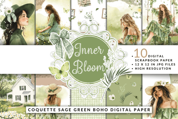 Download Coquette Sage Green Boho Digital Paper - Sage Collection