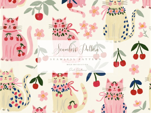 Download Cute Cherry Cat Seamless Pattern PNG for Kids - Seamless Collection