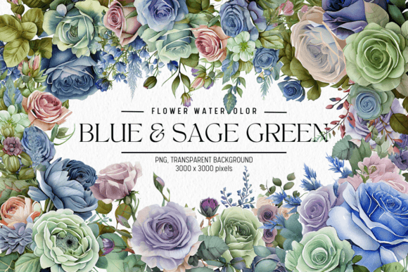 Download Blue &amp; Sage Green Flowers Watercolor - Premium Bundle