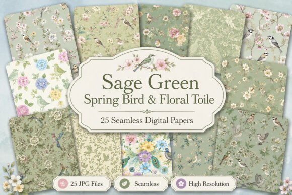 Download Sage Green Spring Bird &amp; Floral Toile - Sage Collection