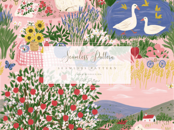 Download Farm Garden Seamless Pattern with Sheep and Ducks - Seamless Collection
