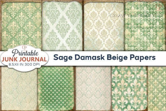 Download Sage Damask Beige Papers Junk Journal - Sage Collection