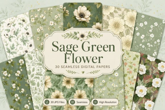 Download Seamless Sage Green Flower Digital Set - Seamless Collection