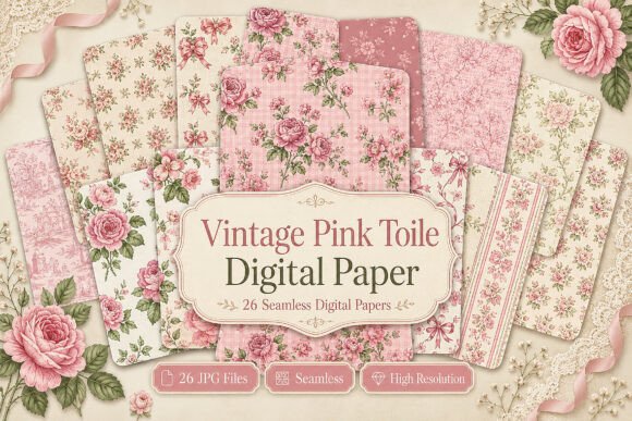 Download Vintage Pink Toile Digital Paper - Pink Collection