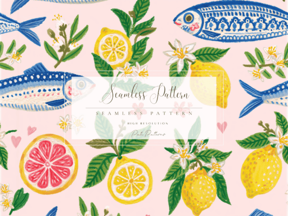 Download Mediterranean Fish and Lemon Seamless Pattern - Seamless Collection