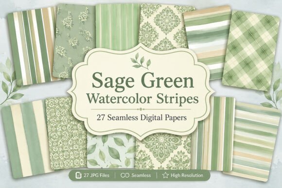Download Sage Green Watercolor Stripes Digital - Sage Collection